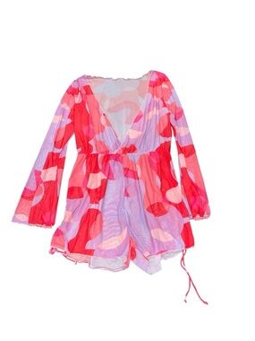393. Vibrant Pink & Lavender Women’s Printed Long Sleeve Romper Cover Up Size L